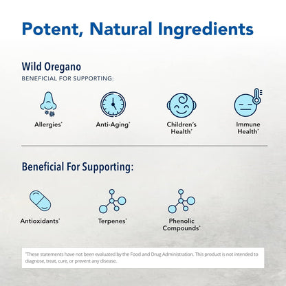 Infographic showing benefits of Wild Mediterranean Oregano Powder for allergies, anti-aging, children's health, and immune health.