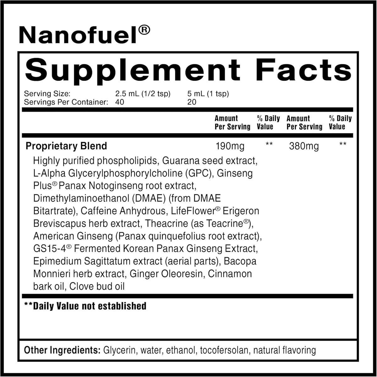 Nanoemulsified Nootropic Liquid Supplement Facts for NanoFuel with ingredients and nutritional information.