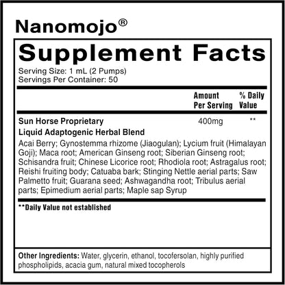 NanoMojo - Liposomal Adaptogen Blend for Men Supplement Facts showing herbal ingredients and nutritional information