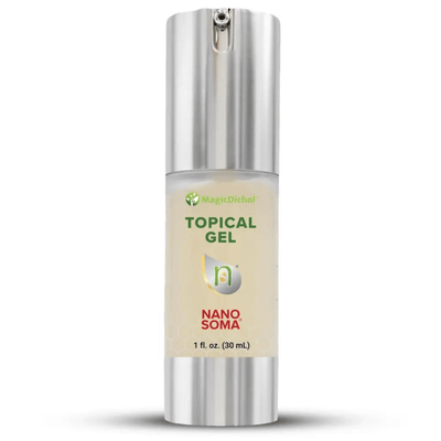 Nano Soma Gel - Nutritional Nutraceutical topical gel in a sleek silver pump bottle, containing 1 oz (30 mL).