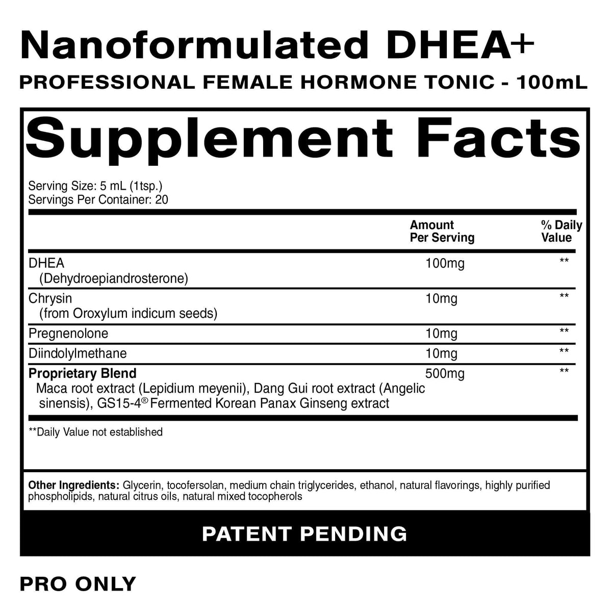 Supplement facts for Nanoemulsified Hormone Balance Supplement, highlighting DHEA and other key ingredients.