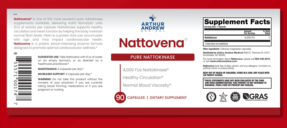 Nattovena supplement label highlighting Best Nattokinase for Circulation and benefits for healthy blood viscosity.