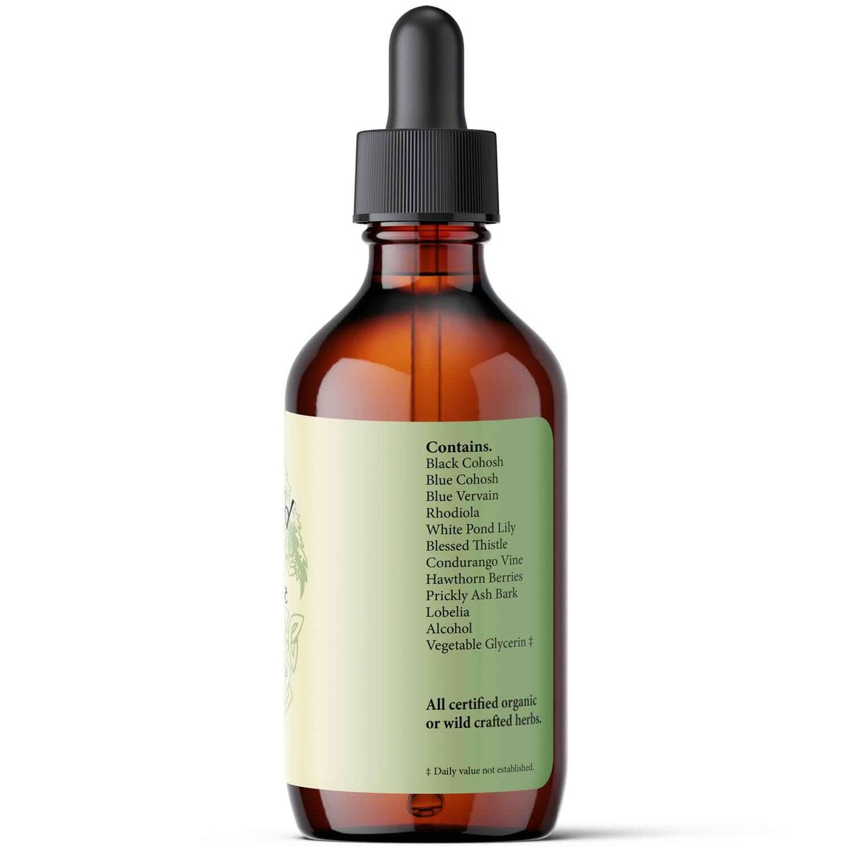 Neural-Ease liquid botanicals for brain recovery in a dropper bottle, highlighting herbal ingredients and organic certification.