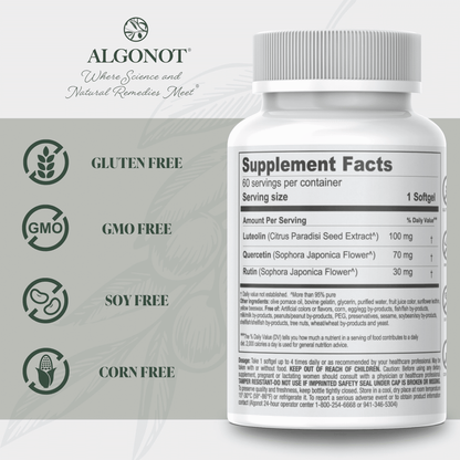 NeuroProtek - Luteolin Quercetin Rutin Supplement supplement facts, highlighting gluten-free, non-GMO, soy-free, and corn-free.
