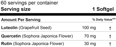 Nutrition facts for Luteolin Quercetin Rutin Supplement showing serving size and key ingredients.