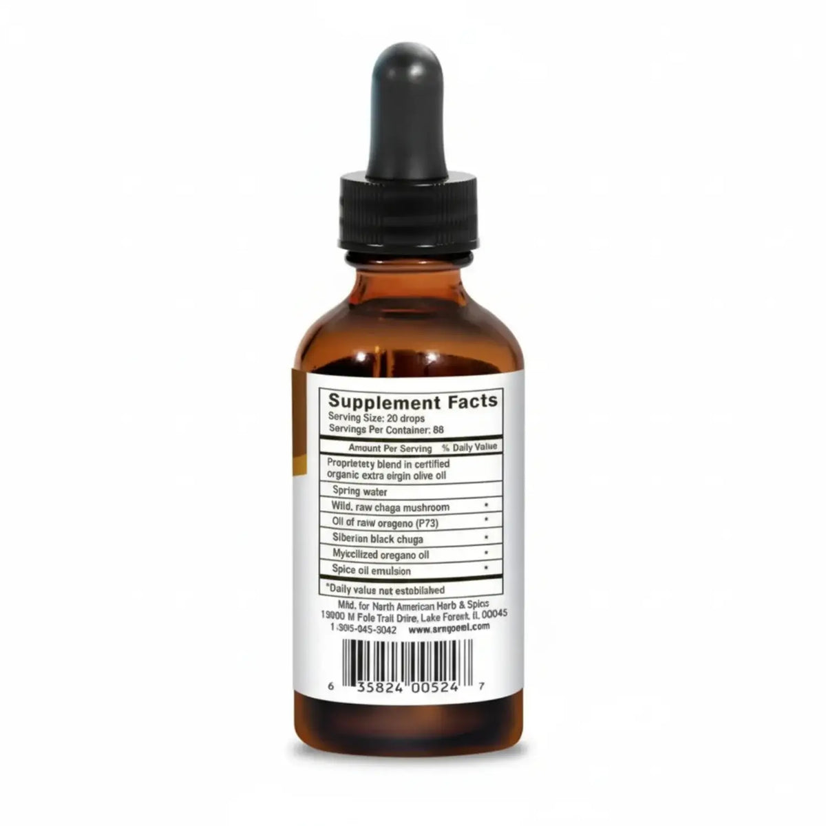 Chaga for Energy liquid supplement facts on brown glass dropper bottle with dropper top.