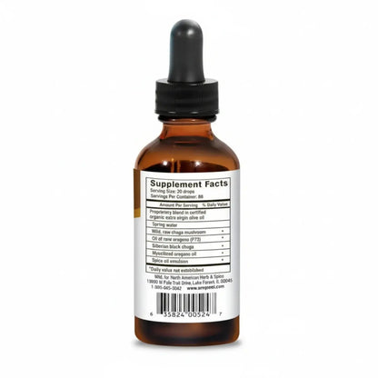 Chaga for Energy liquid supplement facts on brown glass dropper bottle with dropper top.