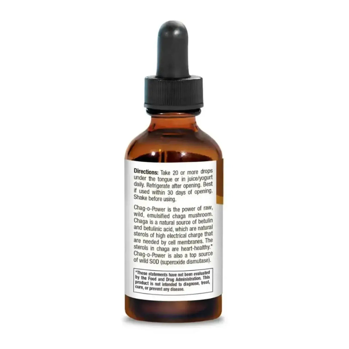 Chag-o-Power liquid bottle with directions for use, featuring Chaga for Energy to boost natural energy and stamina.