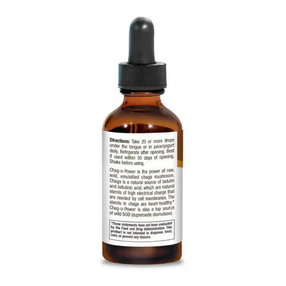 Chag-o-Power liquid bottle with directions for use, featuring Chaga for Energy to boost natural energy and stamina.