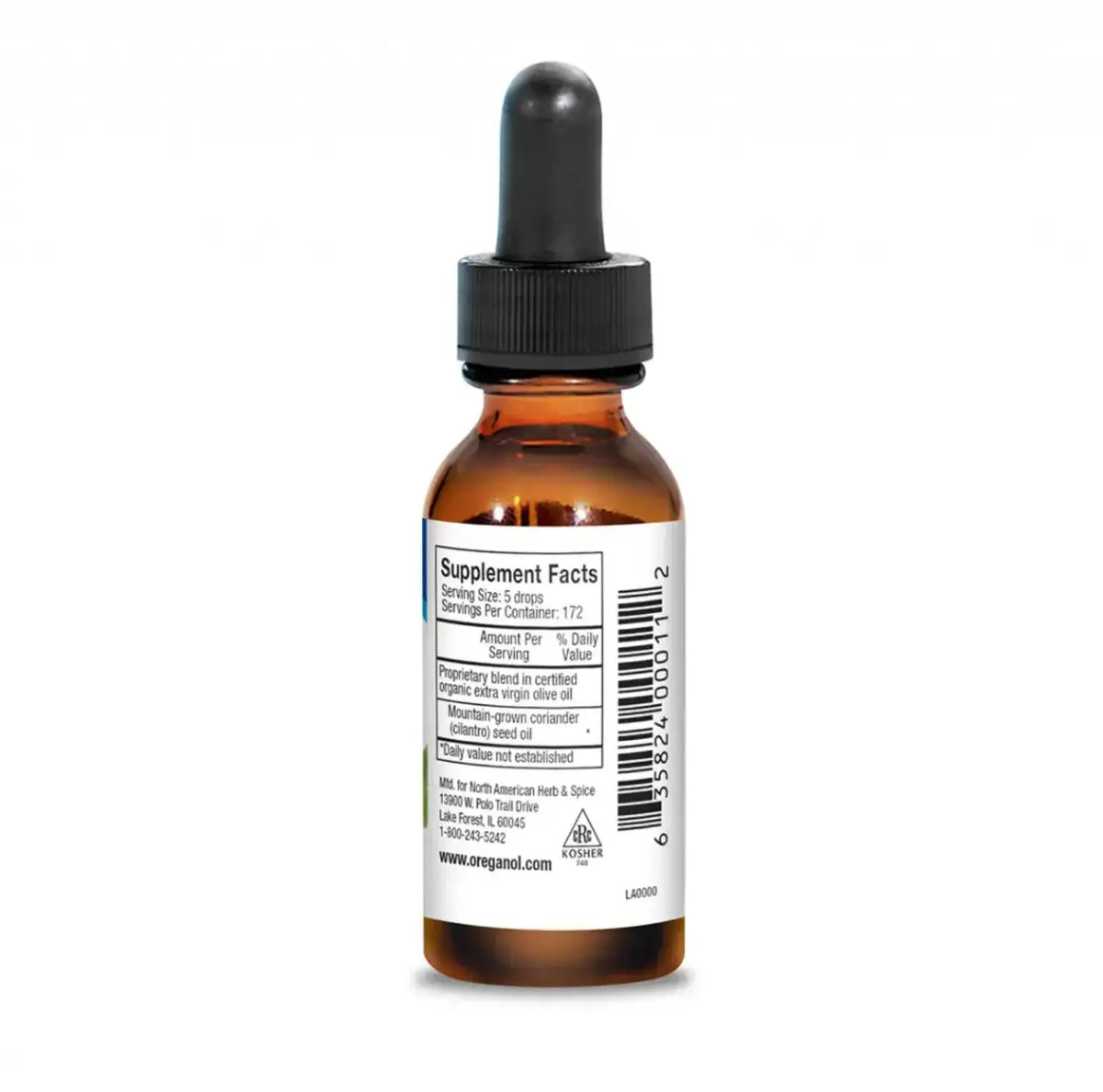 Mountain Grown Cilantro Oil in an amber glass bottle with dropper, showing supplement facts label.