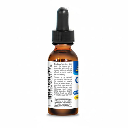 Cinnamol - Cinnamon Oil for Healthy Glucose in a dropper bottle with directions for use on the label.
