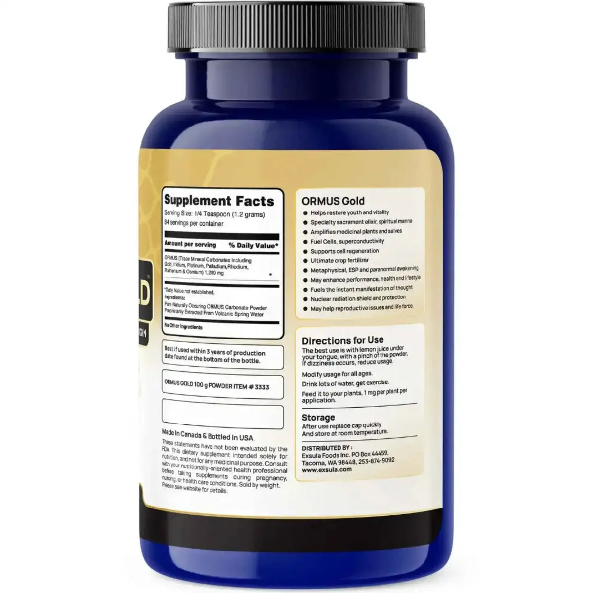 ORMUS Gold Monoatomic Gold Supplement bottle showing supplement facts and directions for use.