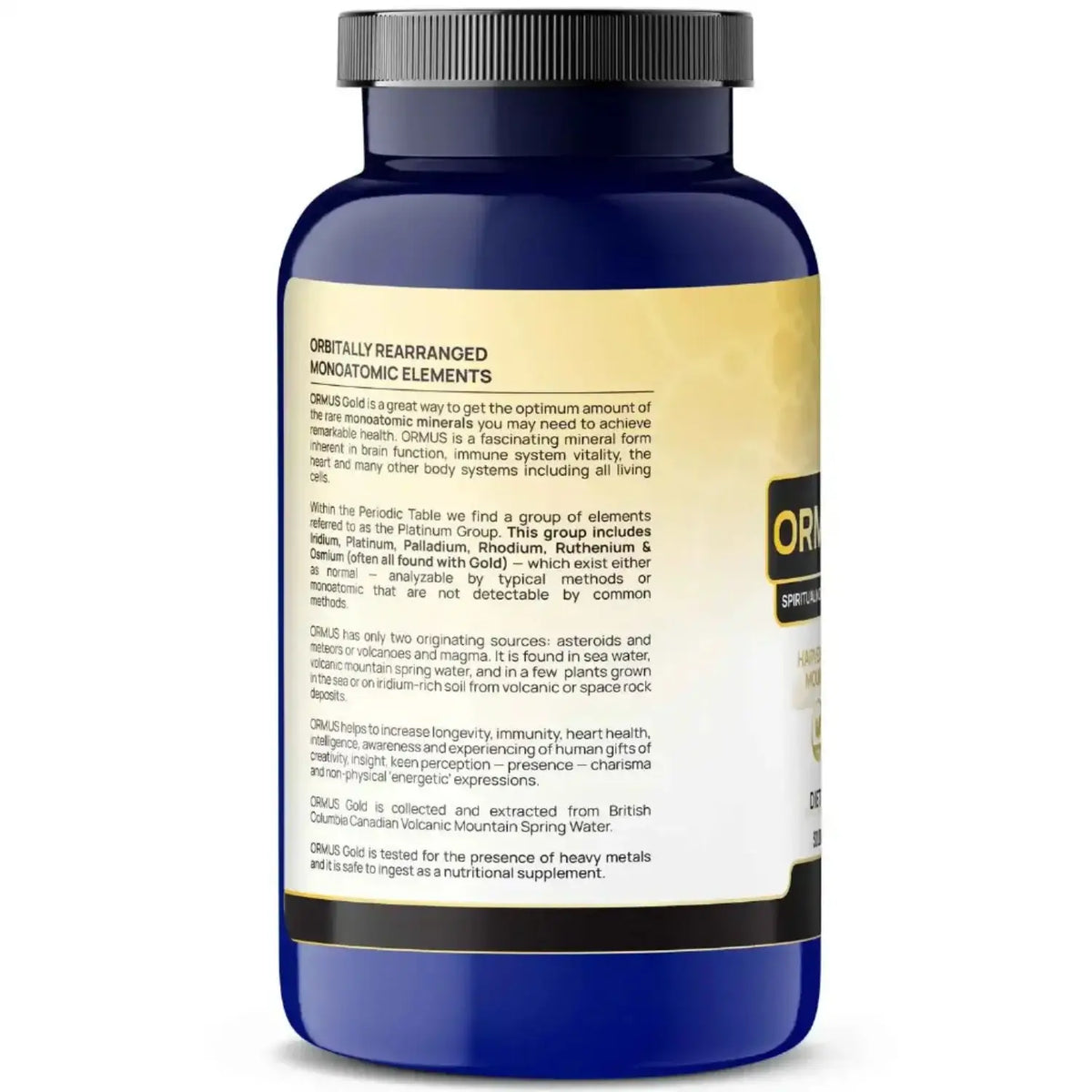 Back view of ORMUS Gold Monoatomic Gold Supplement bottle showing ingredients and health benefits.