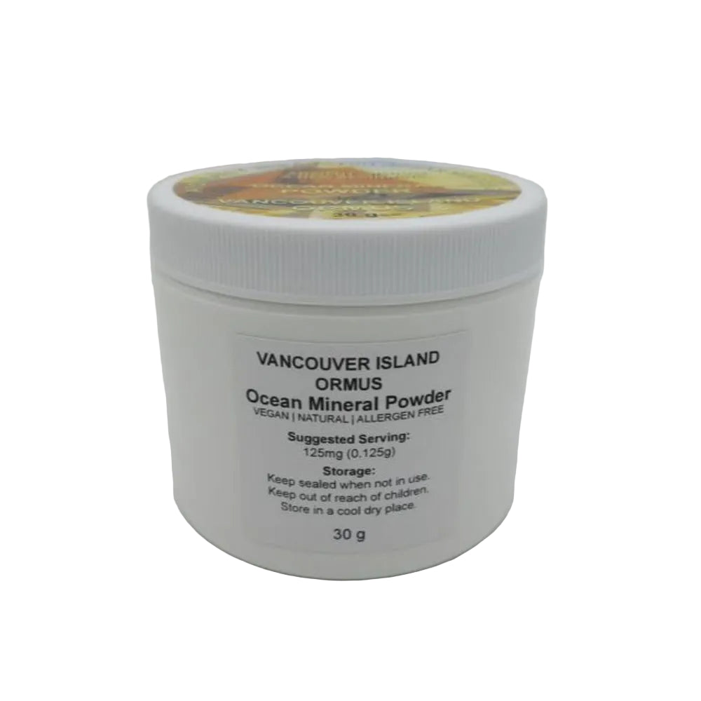 Vancouver Island Ocean Mineral Powder for Balance and Alkalization in a 30g container, vegan and allergen-free.