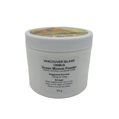 Vancouver Island Ocean Mineral Powder for Balance and Alkalization in a 30g container, vegan and allergen-free.