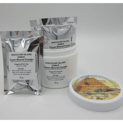 Packaging of Ocean Mineral Powder for Balance and Alkalization by Vancouver Island, including different serving sizes.