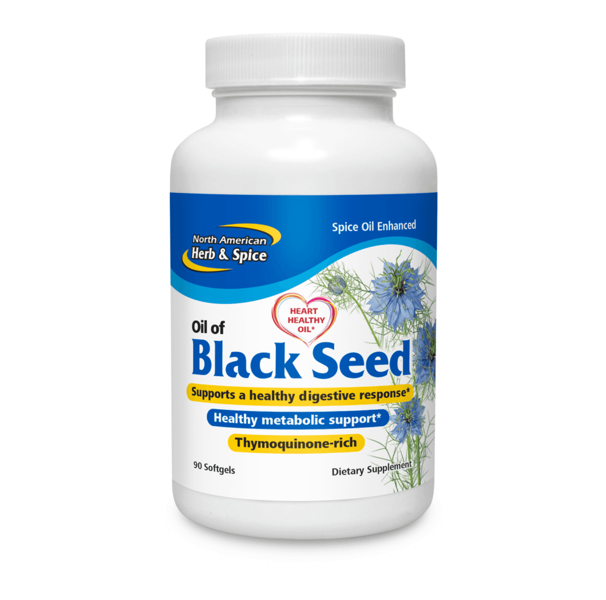 Oil of Black Seed by North American Herb and Spice, featuring Cold Pressed Nigella Sativa, supports digestive health.
