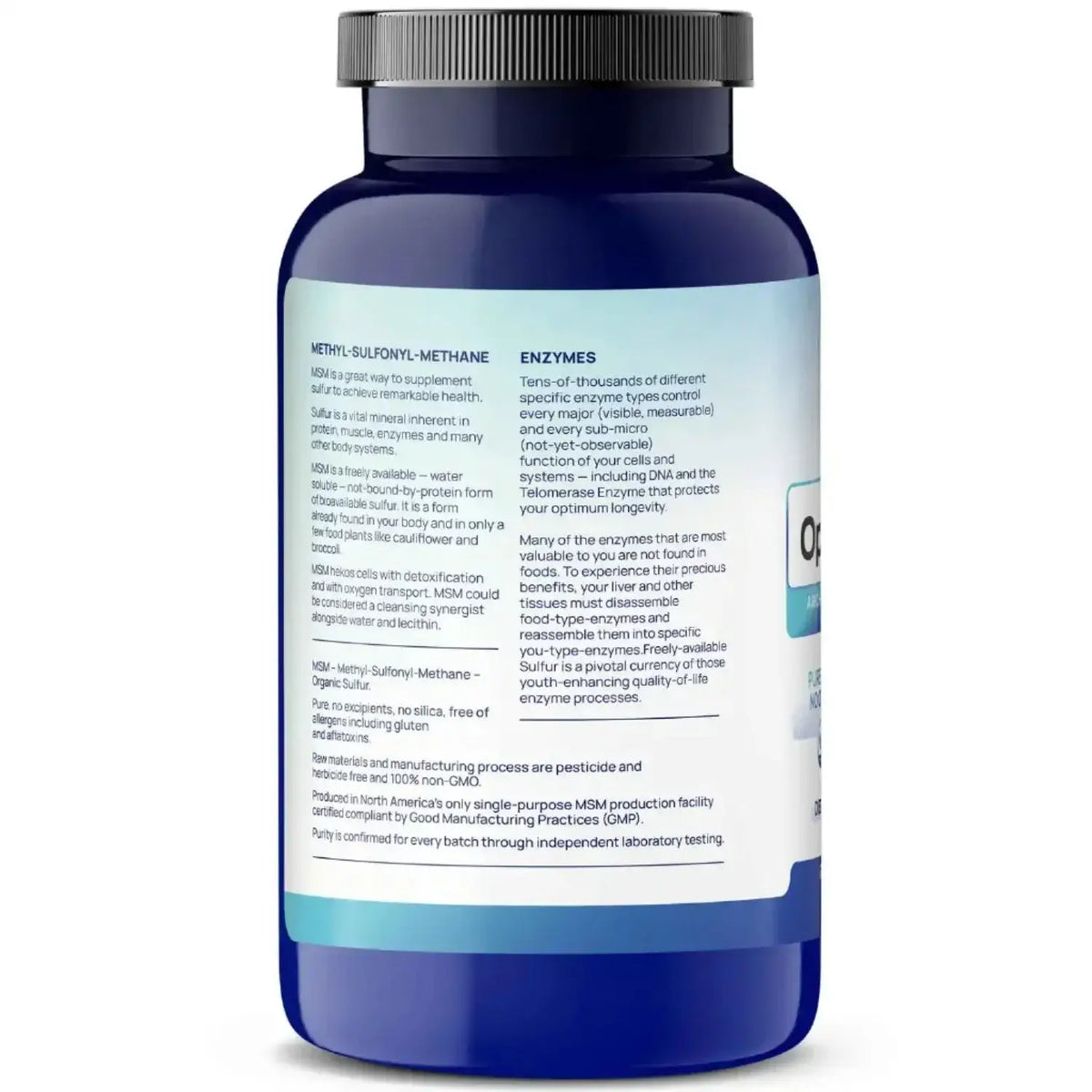 Back of Opti-MSM methylsulfonylmethane supplement bottle showcasing ingredients and usage information.