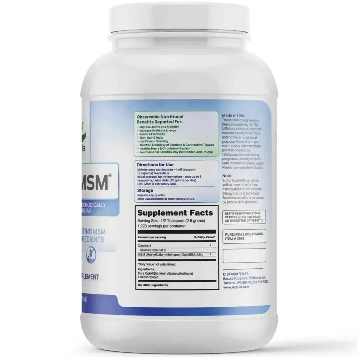 Opti-MSM supplement container showing directions and supplement facts for methylsulfonylmethane support for joints and tissues.