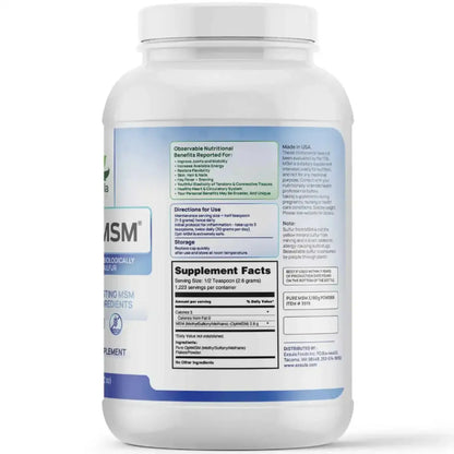 Opti-MSM supplement container showing directions and supplement facts for methylsulfonylmethane support for joints and tissues.