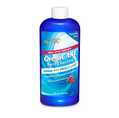 OregaCARE Edible Oral Rinse with P73 Oregano in a blue bottle for oral hygiene and wellness