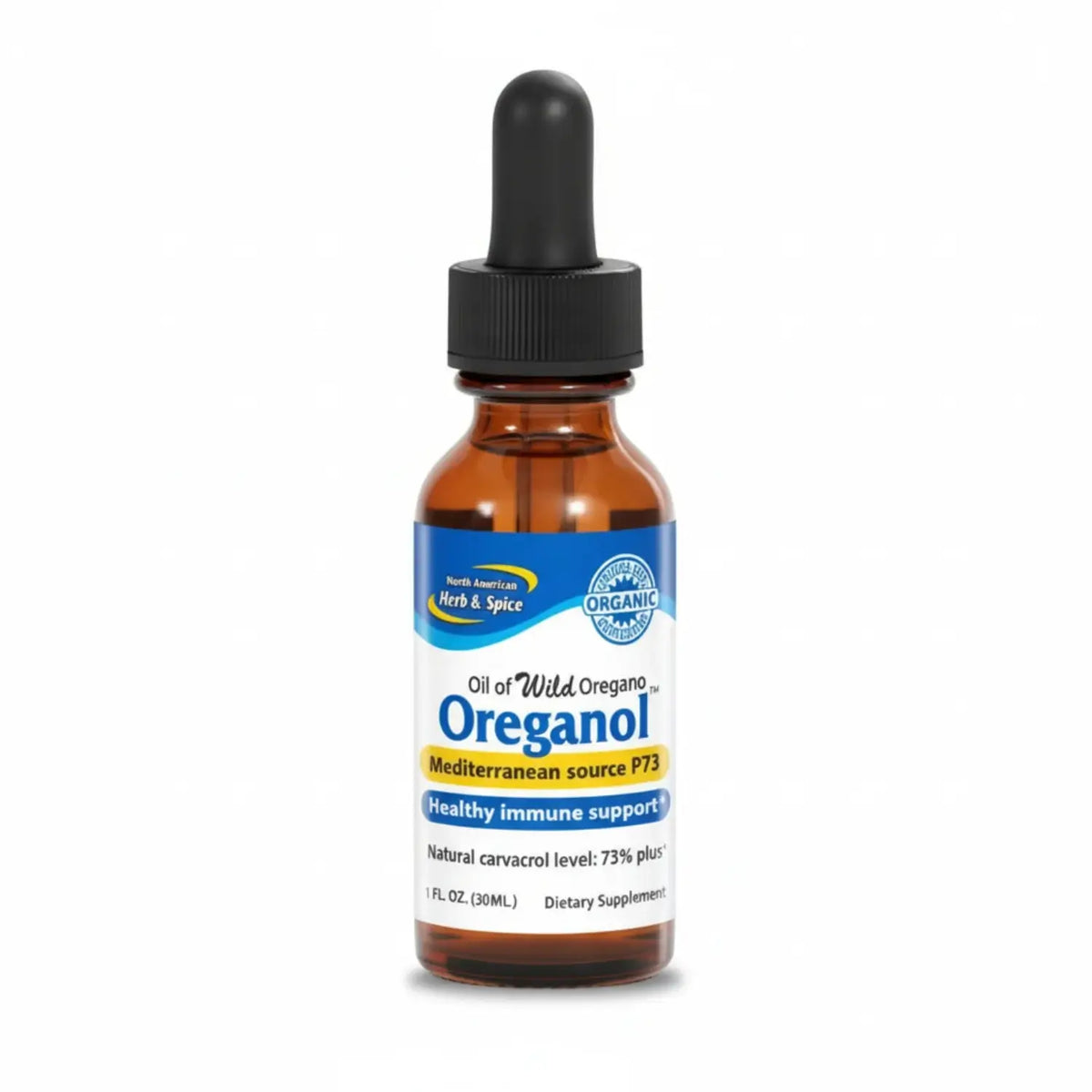 Oreganol P73 orange dropper bottle containing Edible Wild Oregano Oil Liquid for immune support.