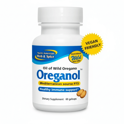 Oreganol P73 Edible Wild Oregano Oil Liquid for healthy immune support in gelcaps, vegan friendly dietary supplement.