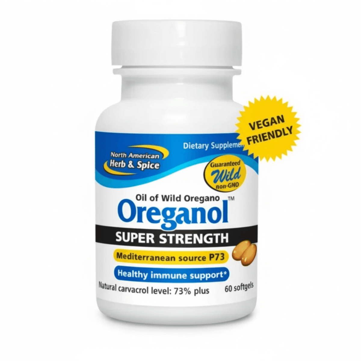 Oreganol P73 Edible Wild Oregano Oil Liquid supplement in a container highlighting immune support benefits.