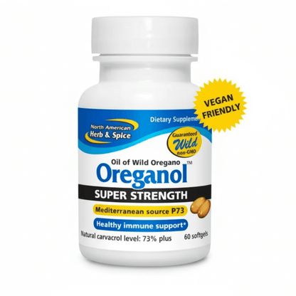 Oreganol P73 Edible Wild Oregano Oil Liquid supplement in a container highlighting immune support benefits.