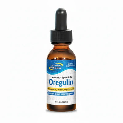 P73 Oregano Metabolic Formula in a dropper bottle by North American Herb and Spice, supports healthy blood sugar levels.