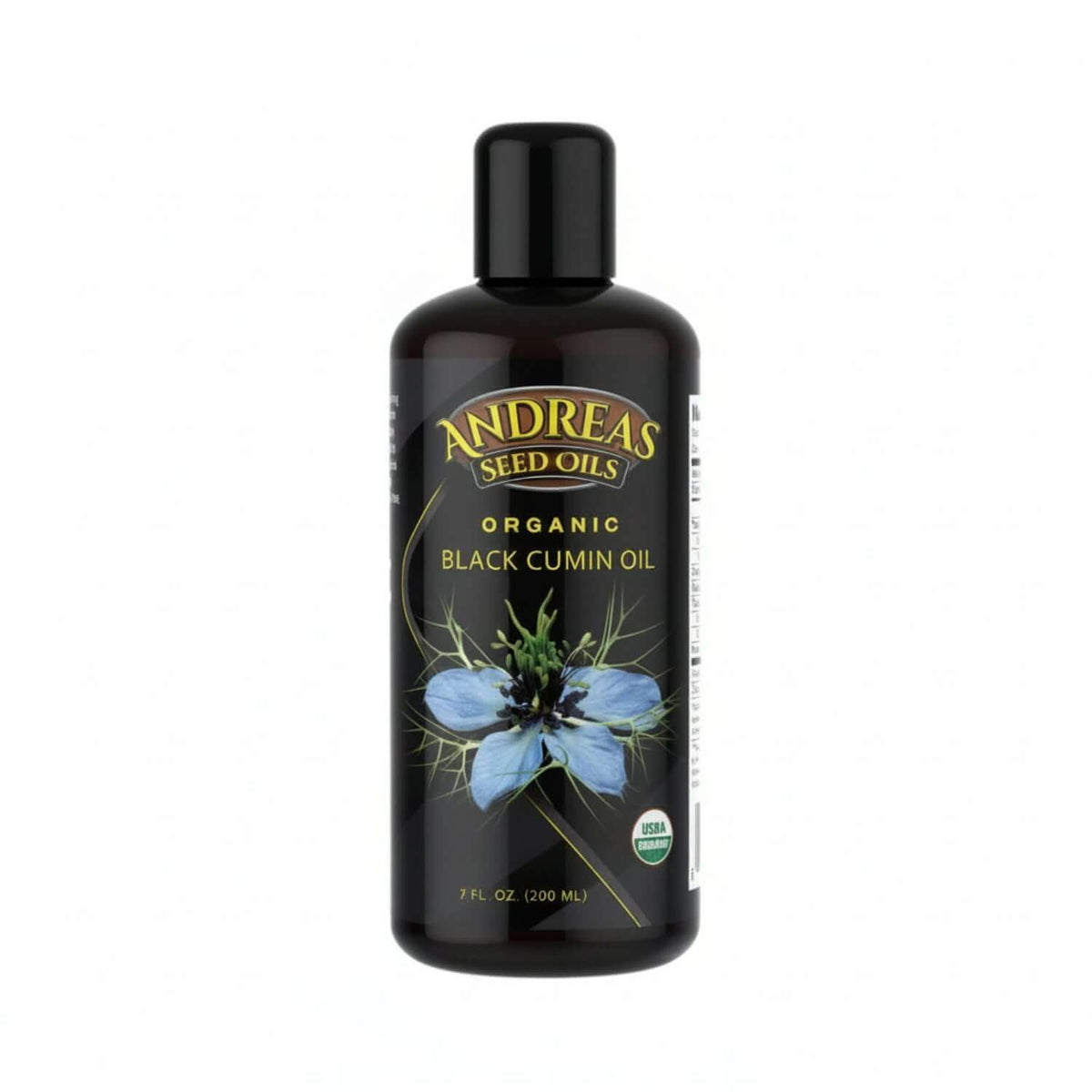 Organic Nigella Sativa Oil in a bottle from Andreas Seed Oils, 7 fl oz, featuring blue flower design.