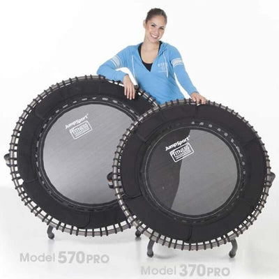 Mini Trampoline Rebounders displayed with a model showcasing the JumpSport Fitness trampolines.