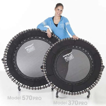 A woman demonstrating PRO Fitness Mini Trampoline Rebounders, including models 570PRO and 370PRO, ideal for workouts.