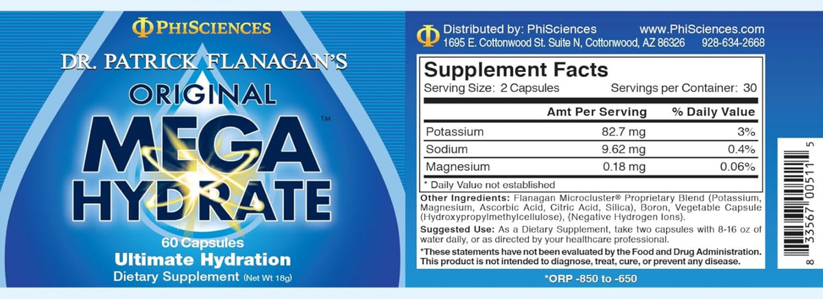 MegaHydrate supplement label showcasing Silica Hydride Antioxidant for ultimate hydration and cellular support.