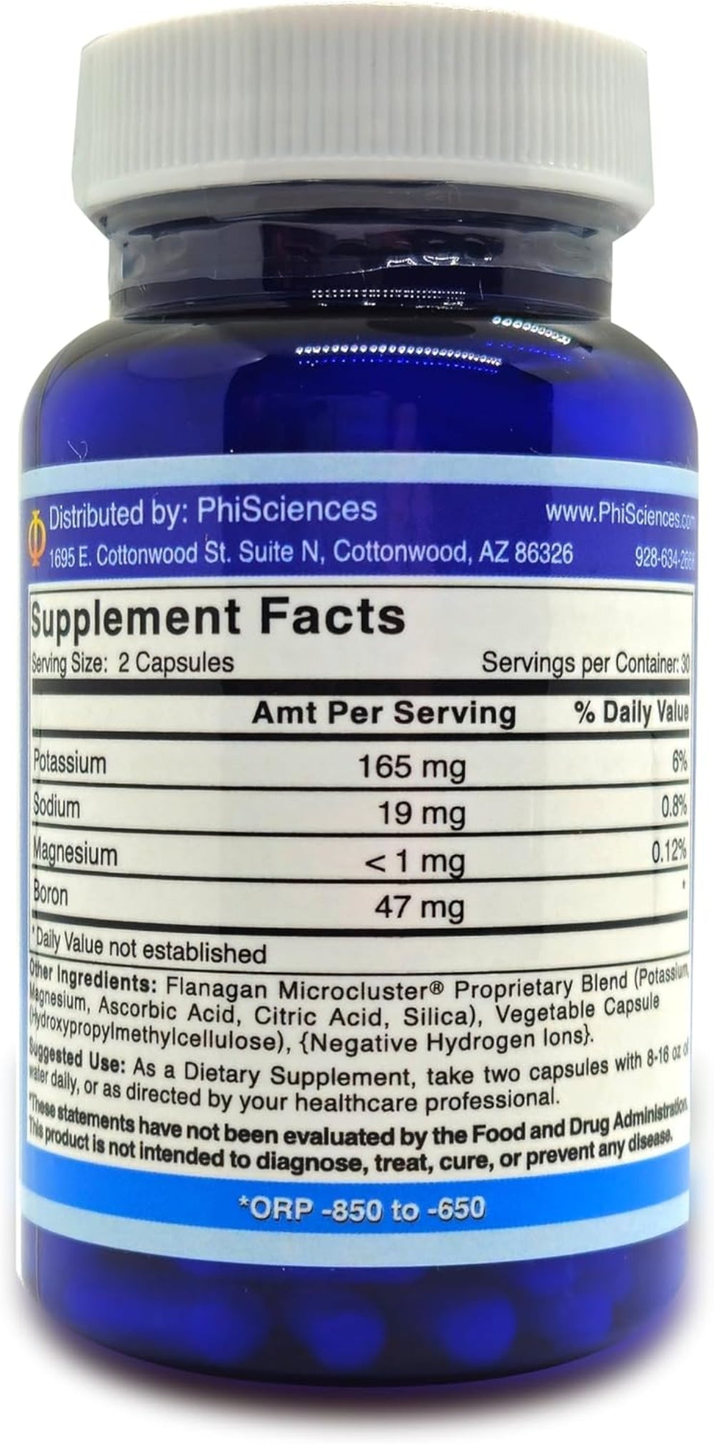 Supplement facts label for MegaHydrate Silica Hydride Antioxidant capsules by Phi Sciences.