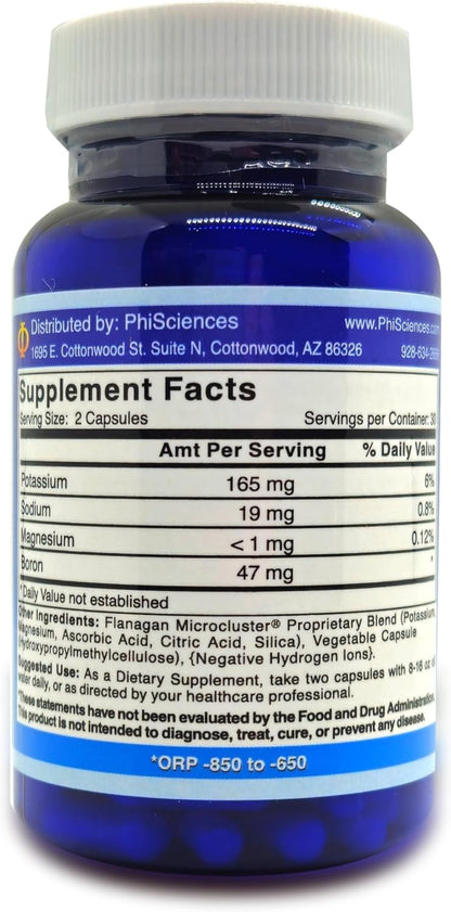 Supplement facts label for MegaHydrate Silica Hydride Antioxidant capsules by Phi Sciences.
