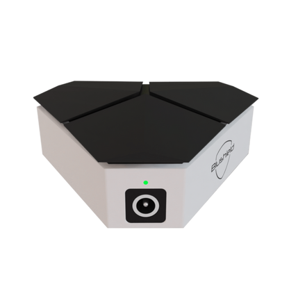 Hexagonal electronic device with black top and white base on a white background