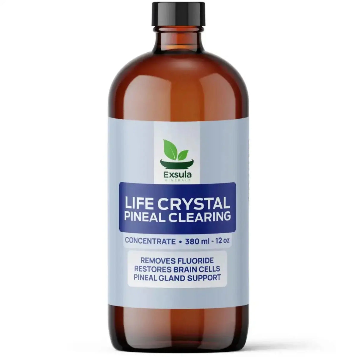 Exsula Minerals Pineal Clearing, Pineal Gland and Brain Supplement in a 12 oz bottle, promotes brain health and detoxification.