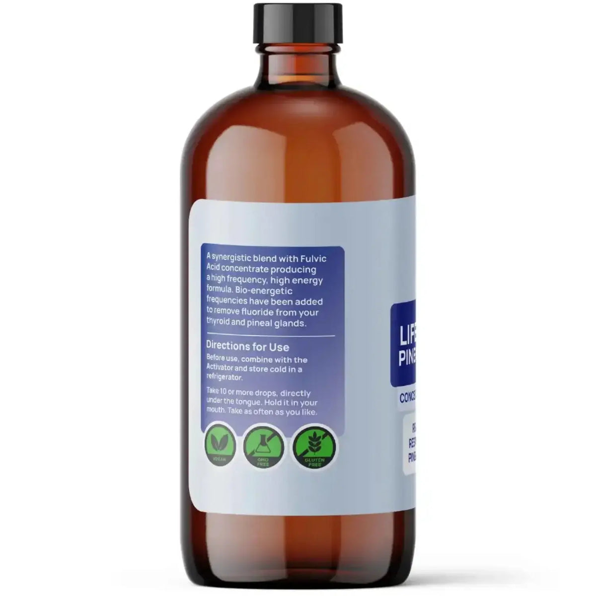 Pineal Gland and Brain Supplement in a bottle with directions for use and benefits listed on the label.