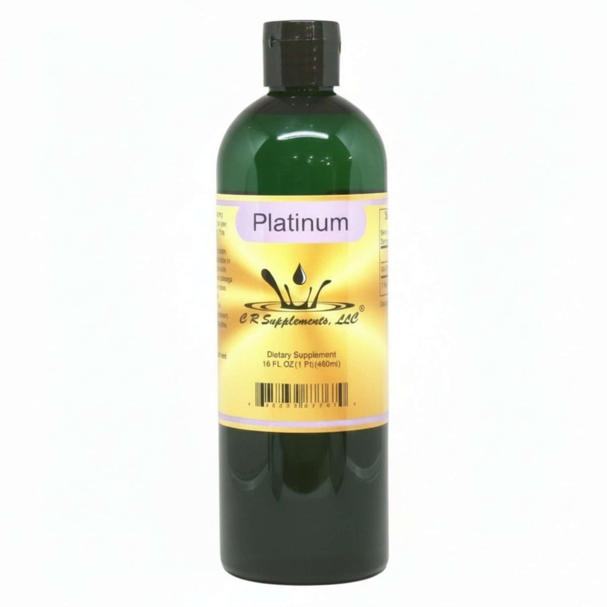 Bottle of Platinum Ionic Liquid Mineral supplement by CR Supplements, designed for cellular support and mental focus.