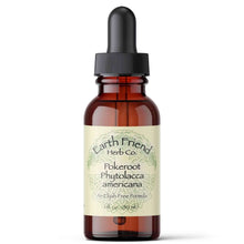 Earth Friend Herb Co Pokeroot Lymphatic Support Tincture bottle with dropper, herbal extract for lymphatic health.