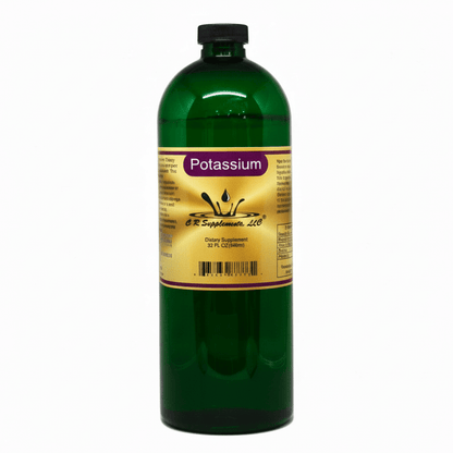 Potassium - Ionic Liquid Mineral supplement in a green bottle, promoting pH balance and muscle function.