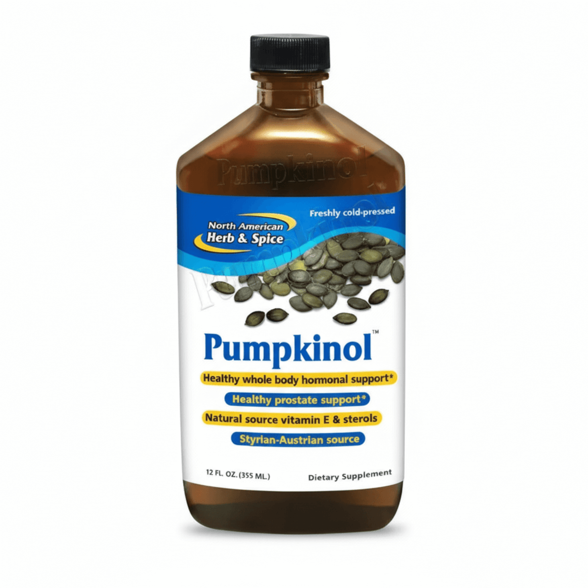 Bottle of Pumpkinol, Styrian Pumpkin Seed Oil Liquid for healthy support, dietary supplement from North American Herb & Spice.