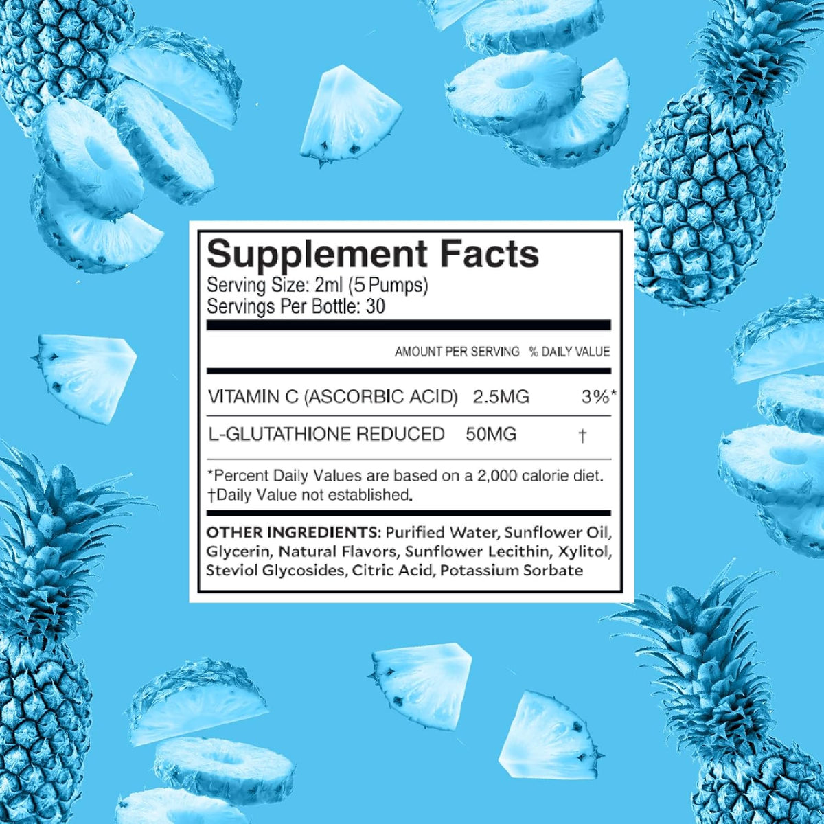 Supplement facts for Glutathione - Liposomal Master Antioxidant with Vitamin C and ingredients on a blue background.