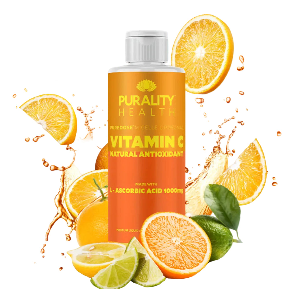 High Potency Liposomal Formula - Purality Health Vitamin C bottle surrounded by fresh citrus fruits.