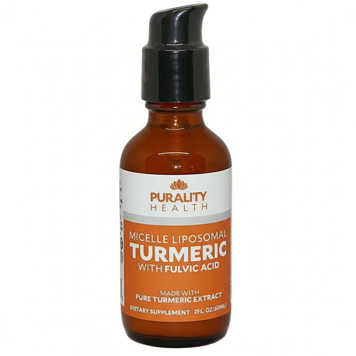 Liposomal Curcumin Blend by Purality Health in a 2oz bottle, featuring turmeric extract and fulvic acid.