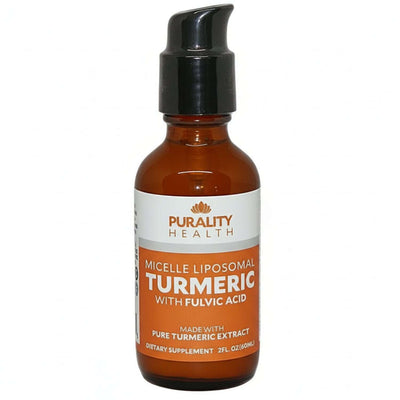 Liposomal Curcumin Blend by Purality Health in a 2oz bottle, featuring turmeric extract and fulvic acid.
