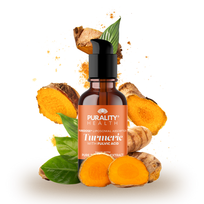 Liposomal Curcumin Blend by Purality Health, featuring turmeric and fulvic acid for enhanced nutrient absorption.