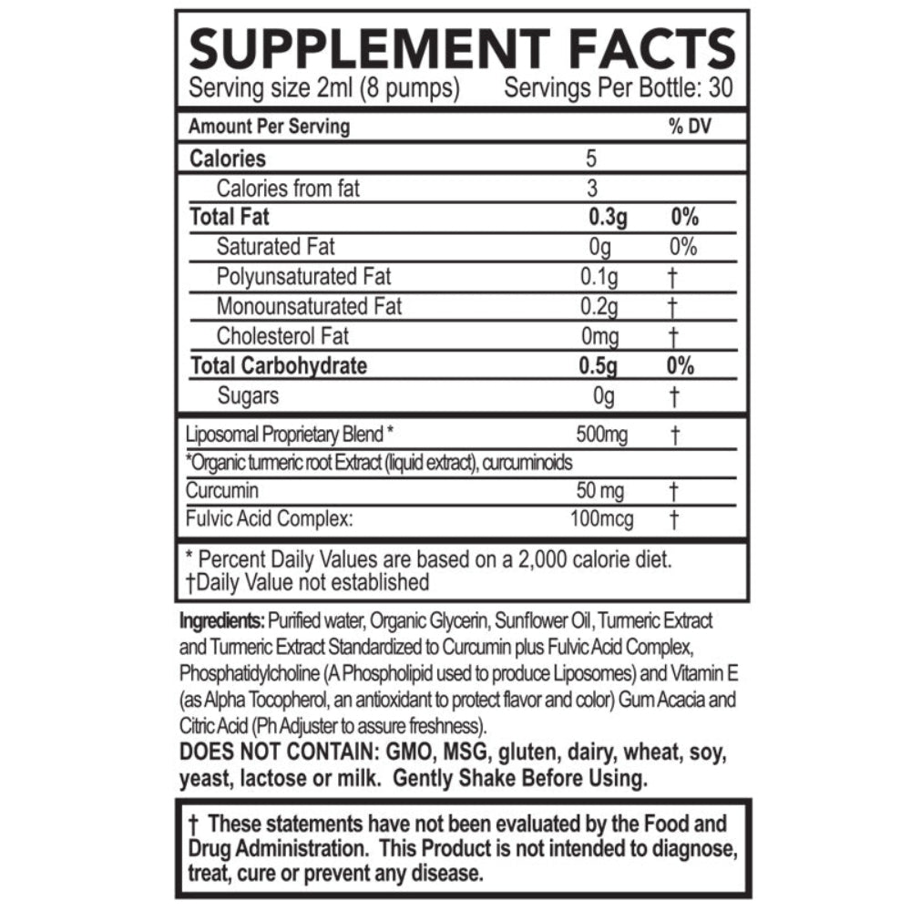 Supplement facts for Liposomal Curcumin Blend, showing ingredients and servings information.