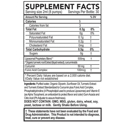Supplement facts for Liposomal Curcumin Blend, showing ingredients and servings information.